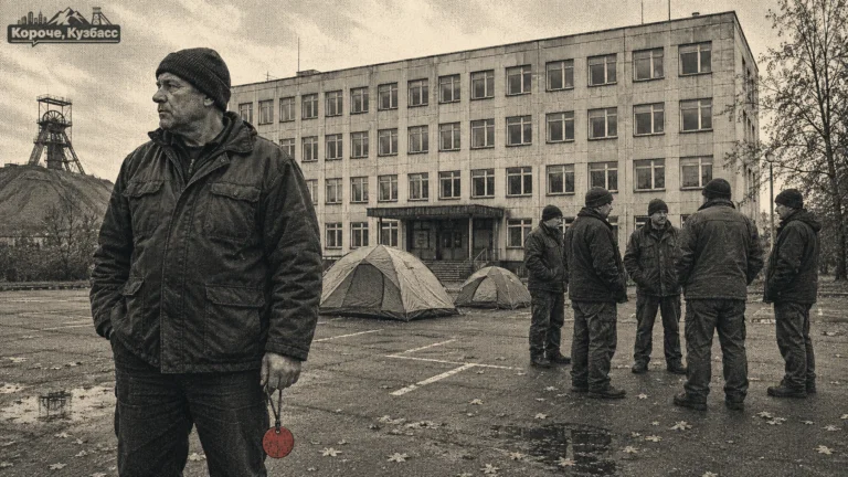 Голодовка шахтёров на шахте «Инская»: две палатки на автостоянке у административно-бытового комбината, горняки стоят рядом