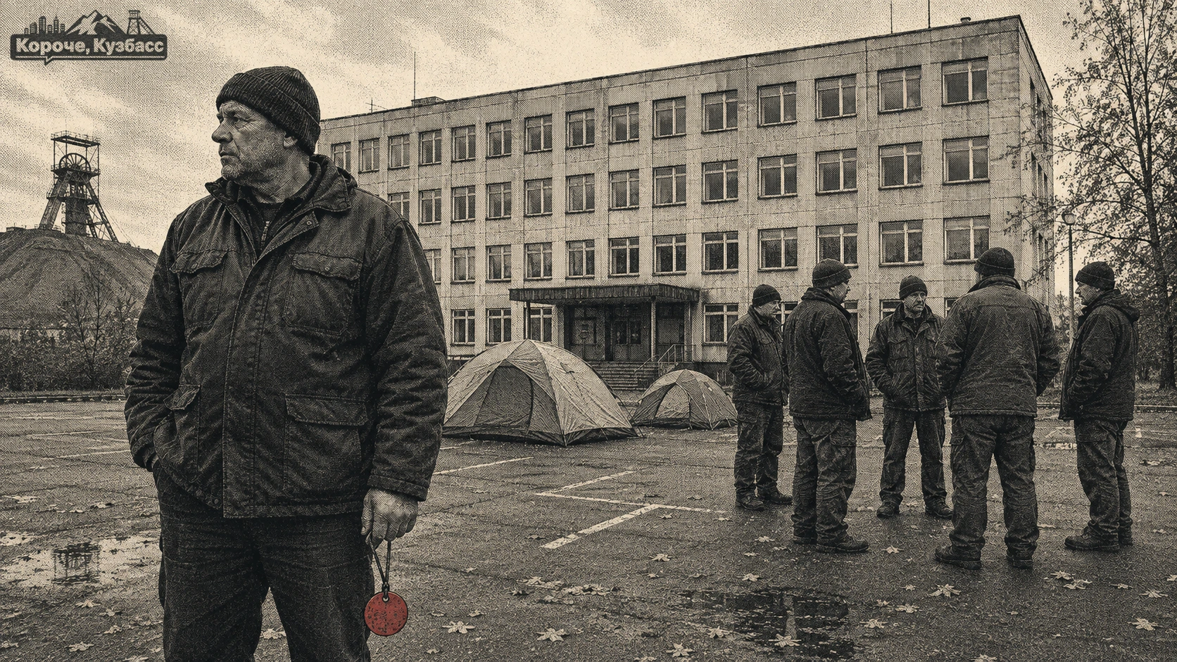 Голодовка шахтёров на шахте «Инская»: две палатки на автостоянке у административно-бытового комбината, горняки стоят рядом