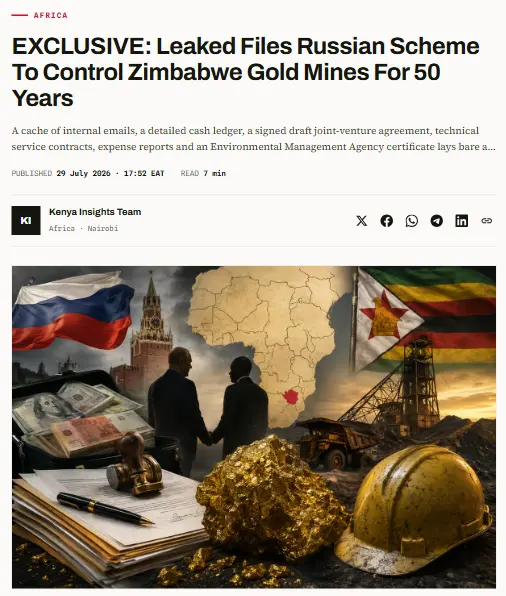 Публикация кенийского издания Kenya Insights о российской схеме контроля золотых рудников Зимбабве