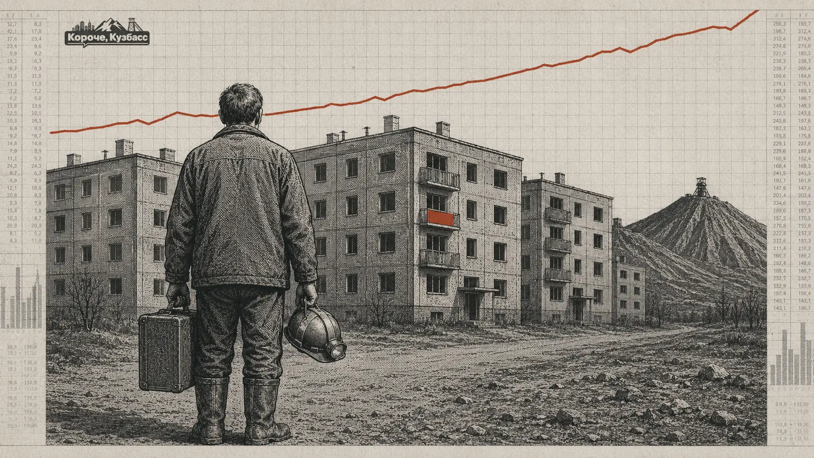 Шахтёр с чемоданом у дома с табличкой «Продаётся» в кузбасском моногороде