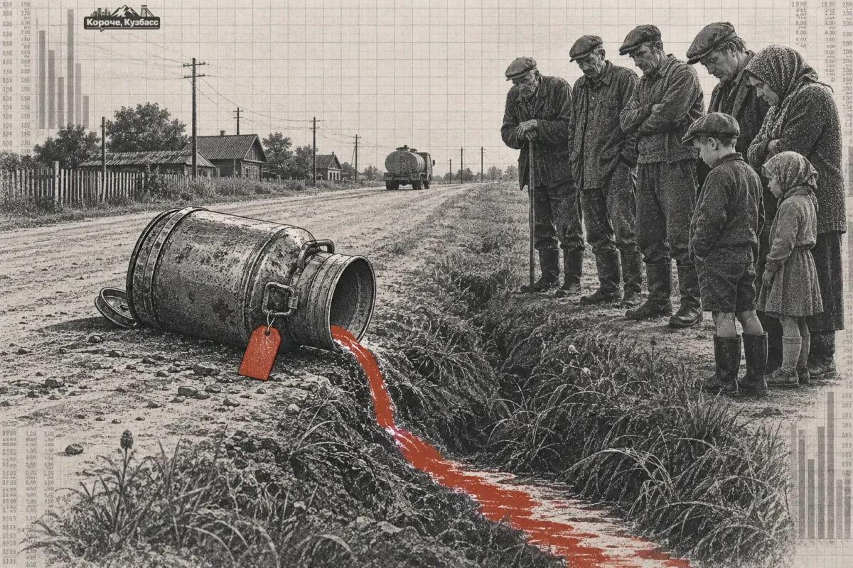 Молоко из опрокинутого бидона течёт в кювет, рабочие и дети смотрят со стороны