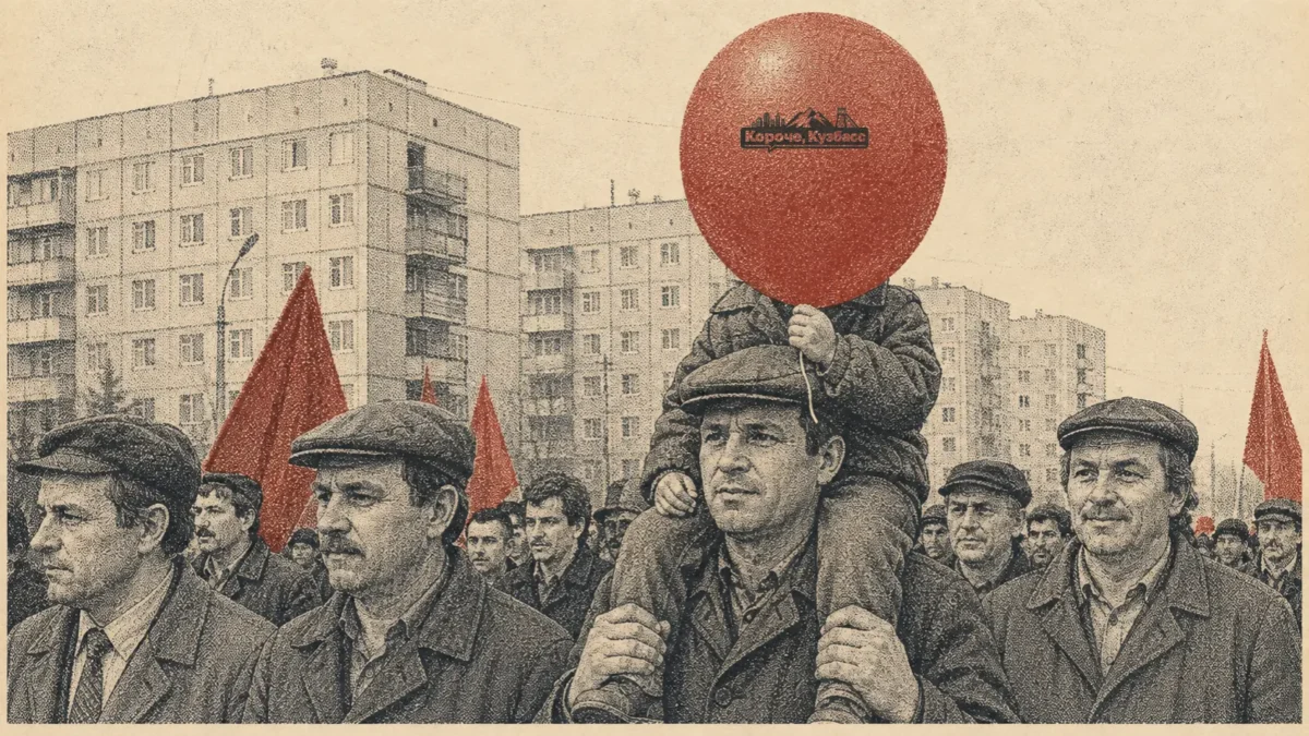 первомайская демонстрация в шахтёрском городе Кузбасса, ребёнок с красным шариком на плечах отца