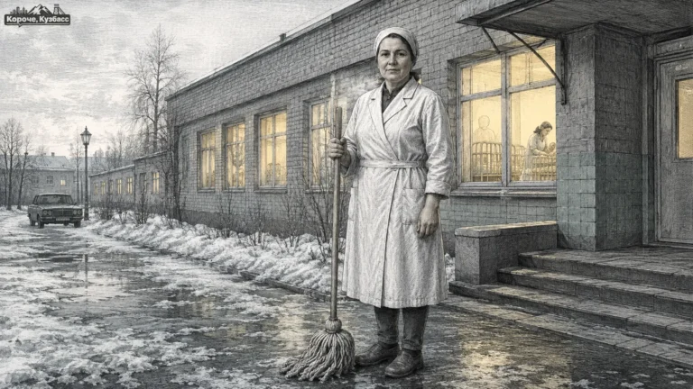 Санитарка со шваброй у входа в Анжеро-Судженскую городскую больницу перед сменой